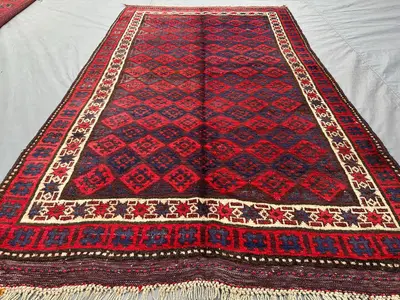 5x8 Antique Afghan Baluch Rug | Hand Knotted Wool Tribal Carpet, Geometric Moroccan Style Floor Rug | Vintage 