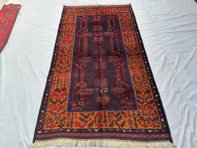 4'7x8 ft Afghan Baluchi Tribal Rug | Hand Knotted Wool Rug | Geometric Vintage Carpet | Living Room Area Rug |