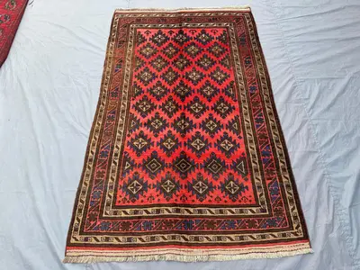 4'6x7'3 ft Antique Afghan Baluch Rug | Hand Knotted Tribal Wool Carpet, Geometric Area Rug | Moroccan Style Vi