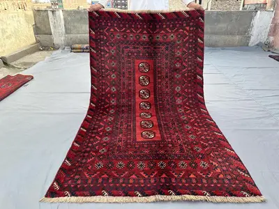 3'5x6 ft Vintage Turkmen Bukhara Rug | Mowri Design Hand Knotted Wool Carpet, Red Tribal Area Rug | Afghan Ori