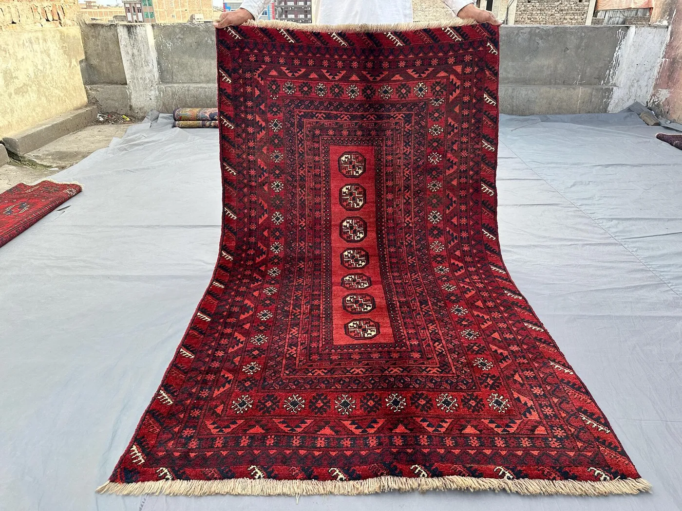 3'5x6 ft Vintage Turkmen Bukhara Rug | Mowri Design Hand Knotted Wool Carpet, Red Tribal Area Rug | Afghan Oriental Floor Decor, Kitchen Rug