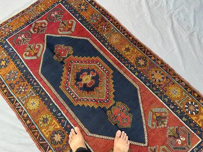 4x7 Antique Turkish Tribal Rug | Hand Knotted Wool Carpet, Geometric Vintage Area Rug | Red Blue Kitchen Rug |