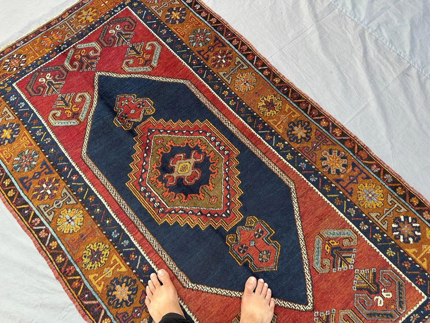 4x7 Antique Turkish Tribal Rug | Hand Knotted Wool Carpet, Geometric Vintage Area Rug | Red Blue Kitchen Rug | Boho Floor Decor, Bedroom Rug
