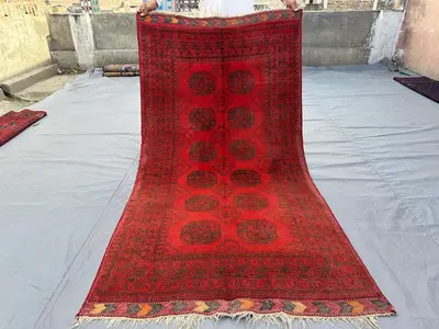 3x6 Afghan Bokhara Rug | Hand Knotted Tribal Wool Carpet | Elephant Foot Turkoman Vintage Rug | Red Area Rug f