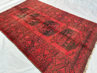 4x6 ft Antique Turkmen Bukhara Rug | Afghan Hand Knotted Wool Carpet | Red Tribal Geometric Area Rug | Kitchen