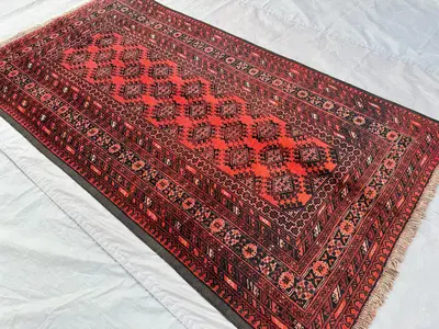 3'4x6'6 ft Ersari Afghan Tribal Rug | Hand Knotted Wool Red Geometric Carpet | Vintage Kitchen Floor Rug | Sma