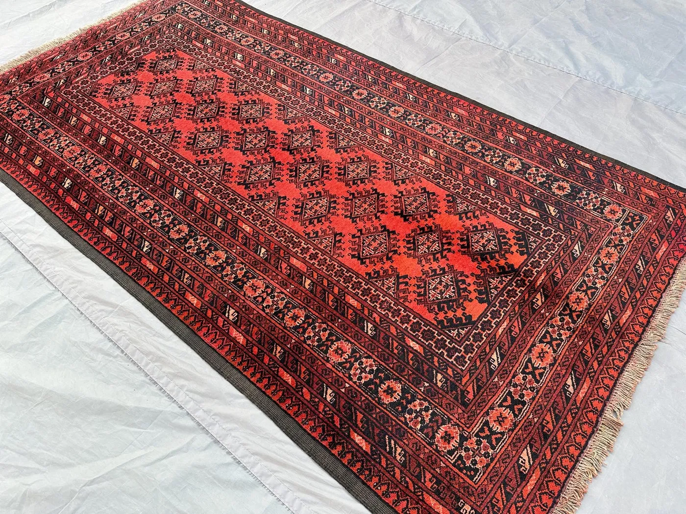 3'4x6'6 ft Ersari Afghan Tribal Rug | Hand Knotted Wool Red Geometric Carpet | Vintage Kitchen Floor Rug | Small Area Rug | Afghan Wool Rug