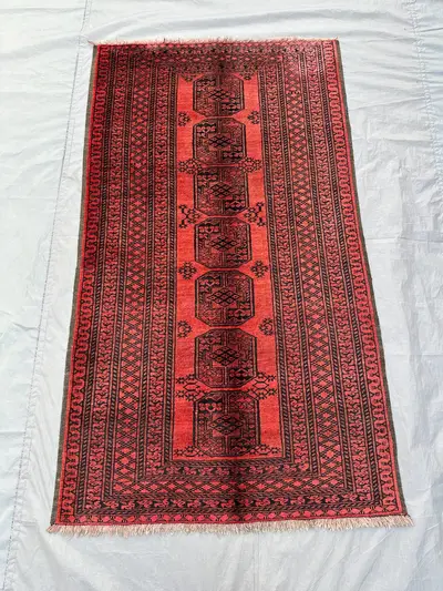 3'4x6'1 ft Afghan Bokhara Rug | Hand Knotted Tribal Wool Carpet | Elephant Foot Turkoman Vintage Rug | Red Are