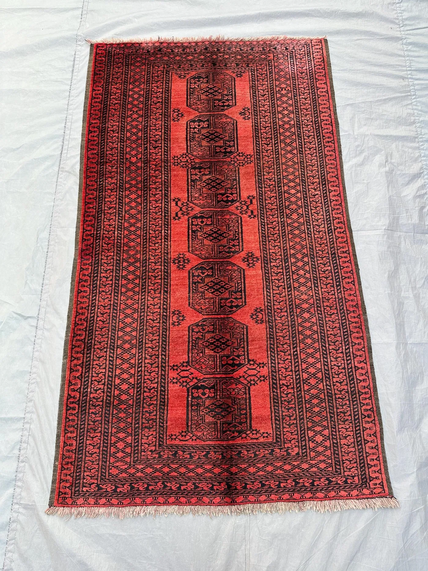 3'4x6'1 ft Afghan Bokhara Rug | Hand Knotted Tribal Wool Carpet | Elephant Foot Turkoman Vintage Rug | Red Area Rug, Home Decor, Kitchen rug