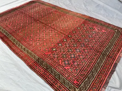 5x8 Antique Afghan Baluch Rug Red Brown Black | Hand Knotted Tribal Wool Area Rug | Geometric Moroccan Style L