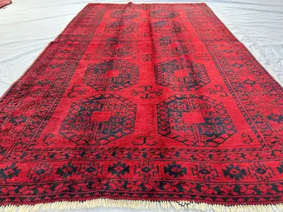 5x8 Antique Turkmen Bukhara Rug Red Black | Tribal Wool Rug Elephant Foot Design | Geometric Afghan Living Roo