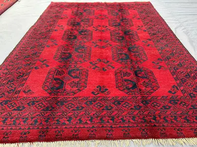 6x8 Red Black Afghan Bukhara Rug | Hand Knotted Wool Tribal Carpet | Vintage Turkmen Geometric Area Rug | Livi