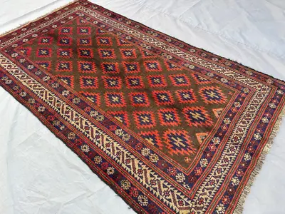 4x6'7 ft Antique Afghan Baluch Rug | Hand Knotted Wool Taimani Tribal Rug | Turkmen Geometric Pattern | Fine B