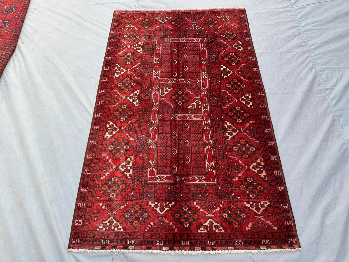 4x7 Turkmen Ersari Rug | Hand Knotted Afghan Wool Rug, Geometric Bokhara Pattern | Vintage Bedroom Carpet | Home Decor, Distressed Faded Rug