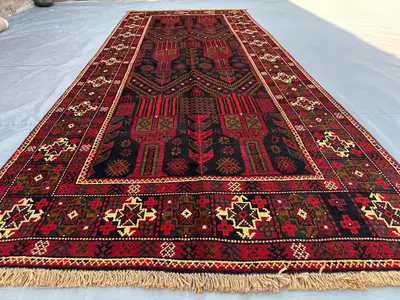 Vintage Baluch Wide Runner Rug 4x9'8 ft Hand-Knotted Afghan Wool Rug | Red & Black Tribal Hallway Carpet | Nom