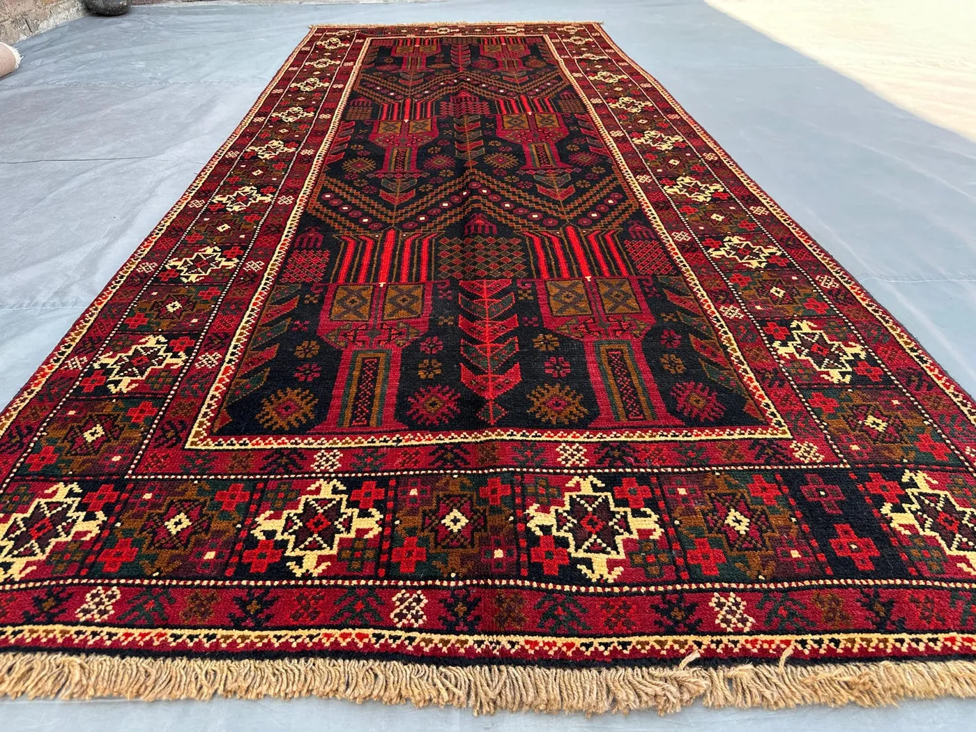 Vintage Baluch Wide Runner Rug 4x9'8 ft Hand-Knotted Afghan Wool Rug | Red & Black Tribal Hallway Carpet | Nomadic Decor