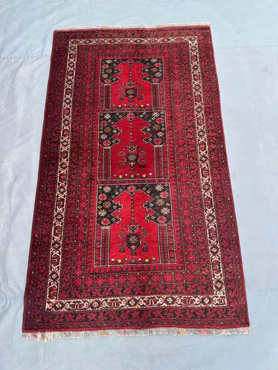 4x6 Antique Afghan Baluch Rug | Hand Knotted Wool Tribal Carpet | Red Black Geometric Pattern | Bohemian Accen