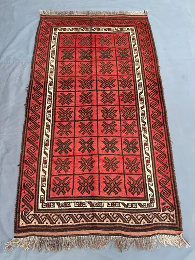 4x7 Antique Afghan Baluch Rug | Hand Knotted Tribal Wool Carpet | Red & Brown Nomadic Fine Area Rug | Geometri
