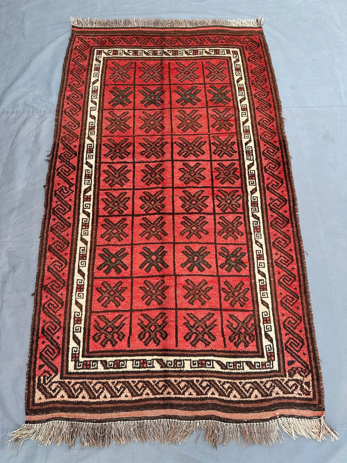 4x7 Antique Afghan Baluch Rug | Hand Knotted Tribal Wool Carpet | Red & Brown Nomadic Fine Area Rug | Geometric Boho Decor, Kitchen rug