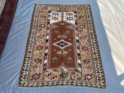 Antique Afghan Rug 4'3"x5'10" ft | Handmade Wool Tribal Turkmen Rug | Vintage Geometric Area Rug for Living Ro