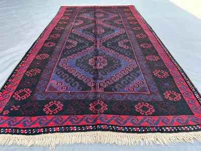Vintage 1970s Baluch Rug 3'4x6'3 ft, Hand-Knotted Tribal Wool Rug | Deep Blue & Red Nomadic Area Rug | Afghan 