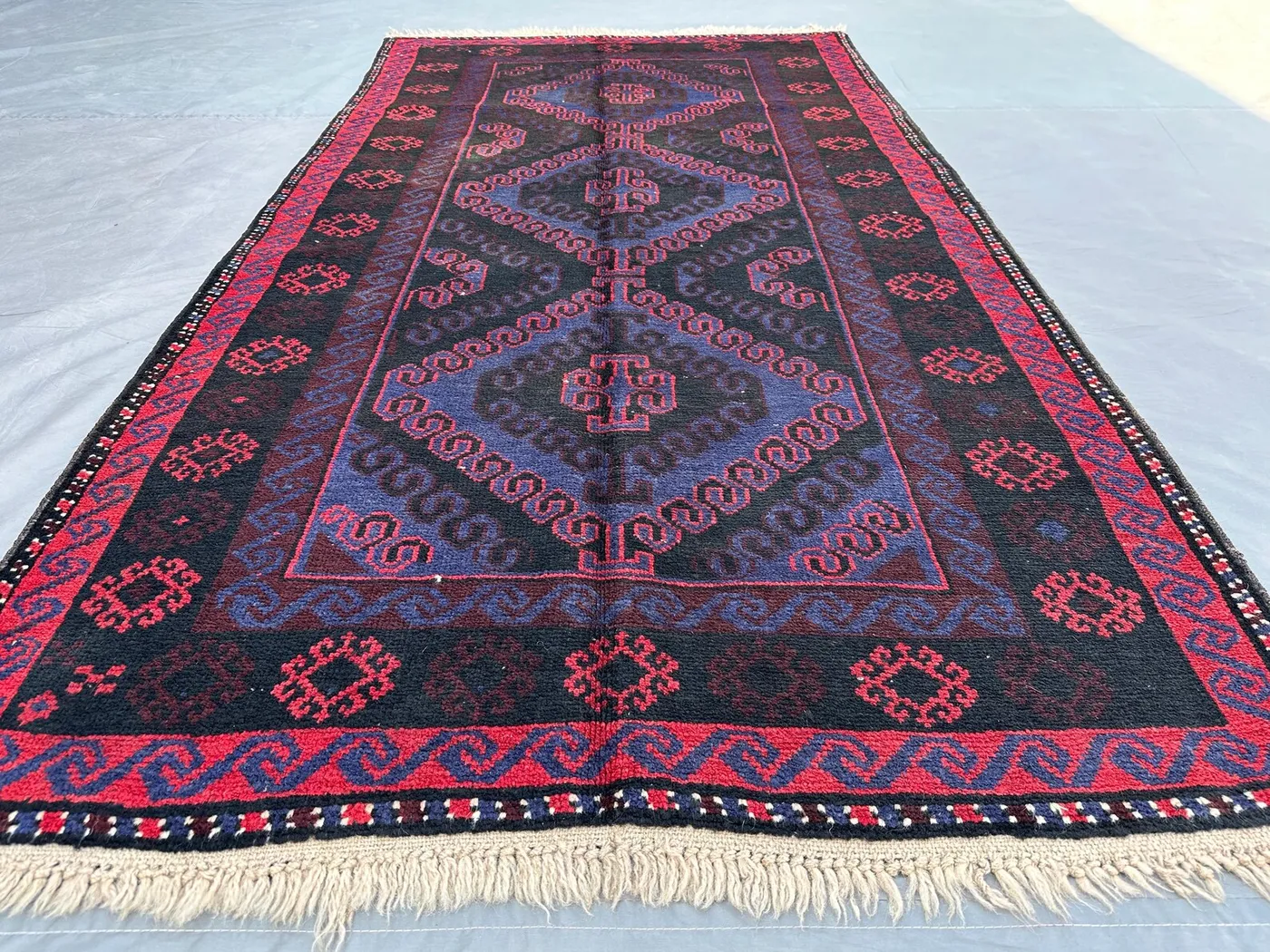 Vintage 1970s Baluch Rug 3'4x6'3 ft, Hand-Knotted Tribal Wool Rug | Deep Blue & Red Nomadic Area Rug | Afghan Bohemian Decor, Kitchen rug