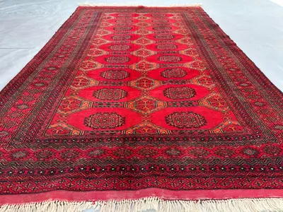 Antique 1960s Turkmen Tribal Rug 4'1x6'3 ft, Hand-Knotted Afghan Wool Rug | Red & Black Nomadic Carpet | Vinta