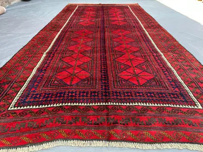 Antique 1950s Afghan Baluch Rug 4'8x9'9 ft Hand-Knotted Tribal Wool Carpet | Red & Black Nomadic Runner, Vinta