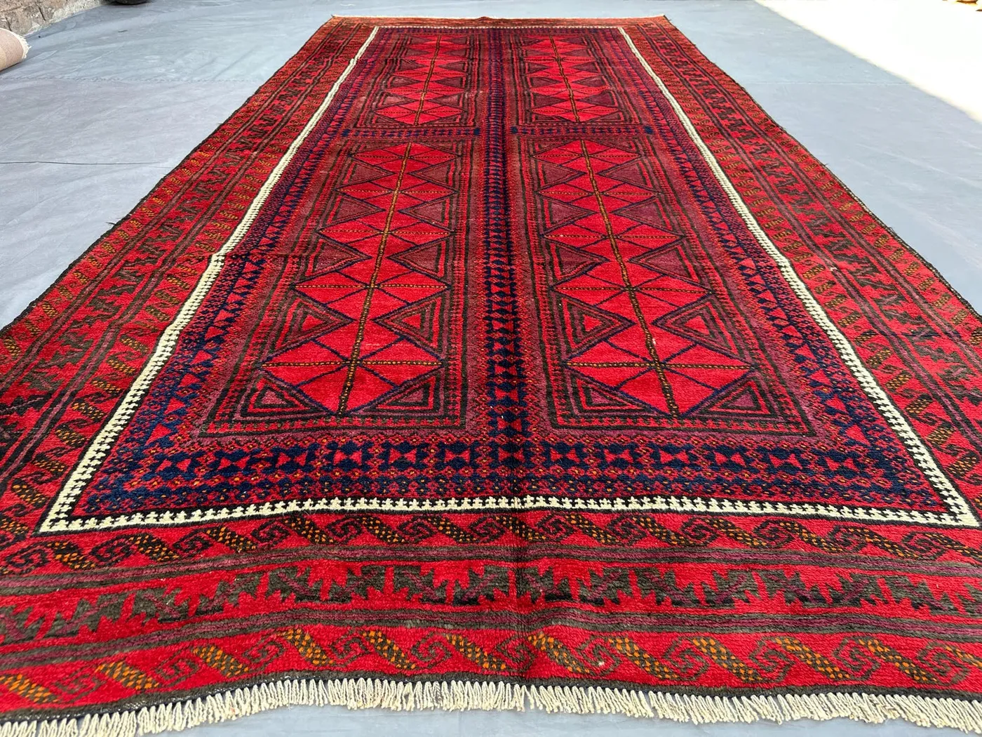 Antique 1950s Afghan Baluch Rug 4'8x9'9 ft Hand-Knotted Tribal Wool Carpet | Red & Black Nomadic Runner, Vintage Bohemian Decor, Outdoor rug