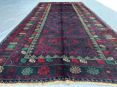Vintage Afghan Baluch Rug 4'5x9'2 ft Hand-Knotted Wool Tribal Runner | Dark Blue & Red Nomadic Carpet | Bohemi