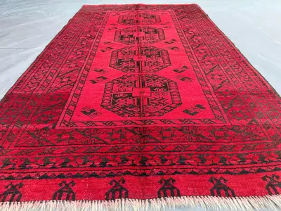 3'7x6'3 ft Antique Turkmen Tribal Rug | Hand Knotted Afghan Wool Carpet | Elephant Foot Design | Geometric Pat