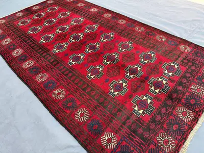 4'2x7'5 ft Antique Afghan Baluch Rug, Hand Knotted Tribal Red Wool Carpet | Oriental Geometric Runner | Bohemi