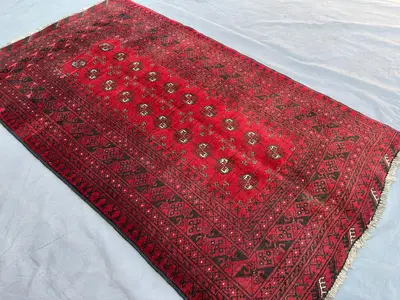 Antique Turkmen Bukhara Rug | 3'4x5'11 ft Afghan Mowri Tribal Carpet | Hand-Knotted Wool Rug | Vintage Red Ori
