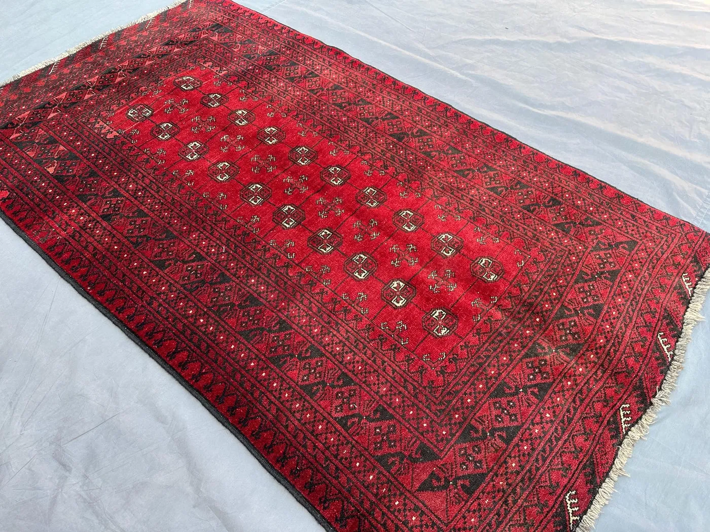 Antique Turkmen Bukhara Rug | 3'4x5'11 ft Afghan Mowri Tribal Carpet | Hand-Knotted Wool Rug | Vintage Red Oriental Rug Handmade Kitchen Rug