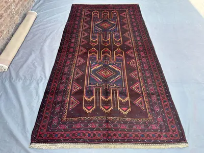 5'1x9'9 ft Antique Afghan Baluch Rug | Hand Knotted Wool Tribal Wide Runner | Brown Red Navy Geometric Outdoor