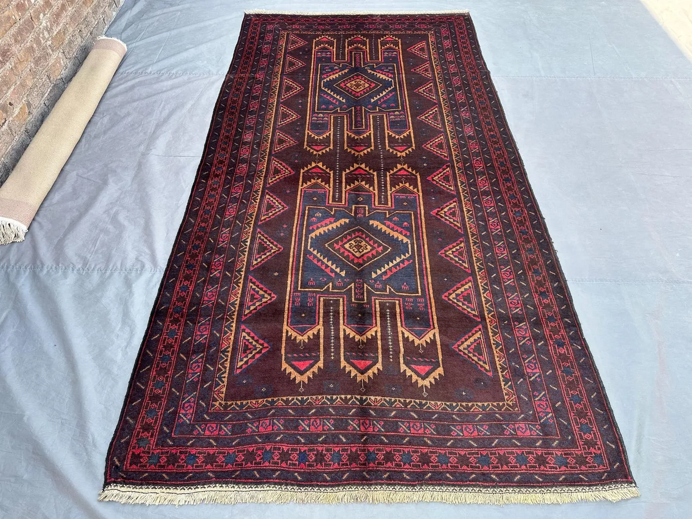 5'1x9'9 ft Antique Afghan Baluch Rug | Hand Knotted Wool Tribal Wide Runner | Brown Red Navy Geometric Outdoor Bohemian Decor Carpet