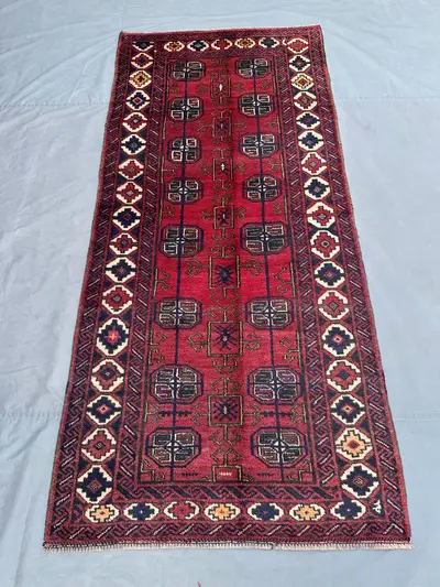 4x8 Antique Afghan Baluch Rug | Hand Knotted Wool Tribal Carpet | Ersari Style Tekke Design | Bohemian Hallway