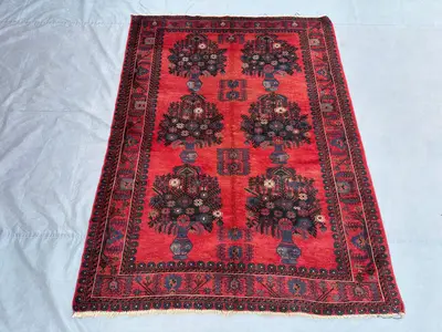 5x6 Antique Afghan Baluch Rug | Hand Knotted Wool Floral Carpet | Red Tribal Pictorial Rug | Geometric Bedroom
