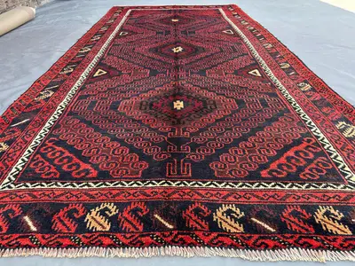 Antique Afghan Baluch Runner Rug | 4x9 ft Hand-Knotted Wool Carpet | Geometric Tribal Hallway Rug | Vintage Wi