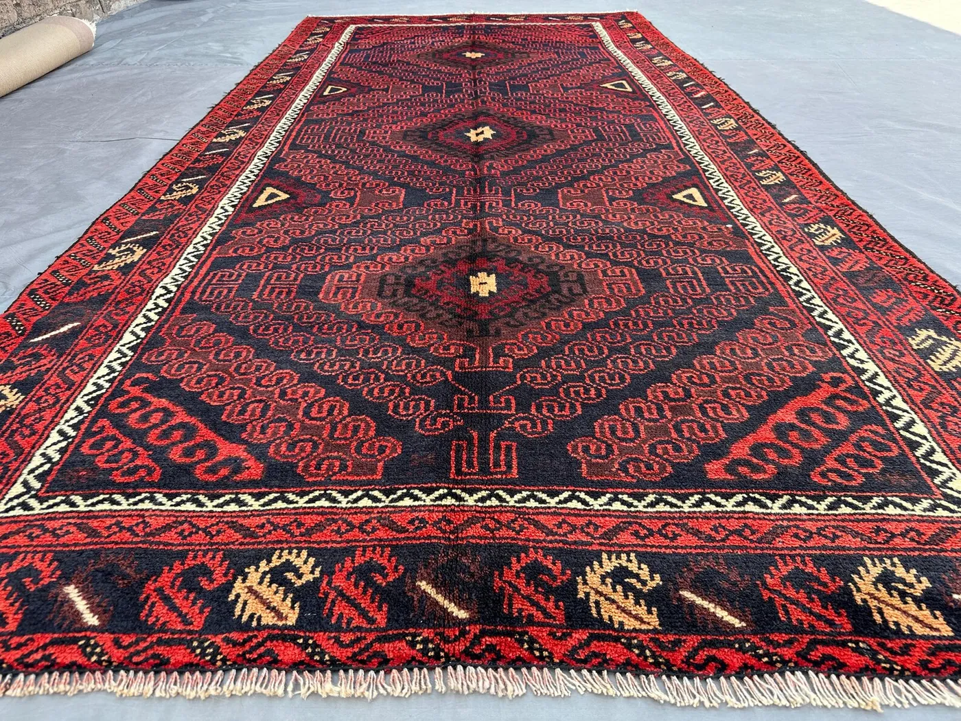 Antique Afghan Baluch Runner Rug | 4x9 ft Hand-Knotted Wool Carpet | Geometric Tribal Hallway Rug | Vintage Wide Runner, Dark Red & Navy Rug