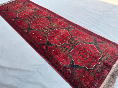 3x10 Vintage Afghan Turkmen Runner Rug, Hand-Knotted Wool Carpet | Tribal Geometric Hallway Rug | Red & Black 