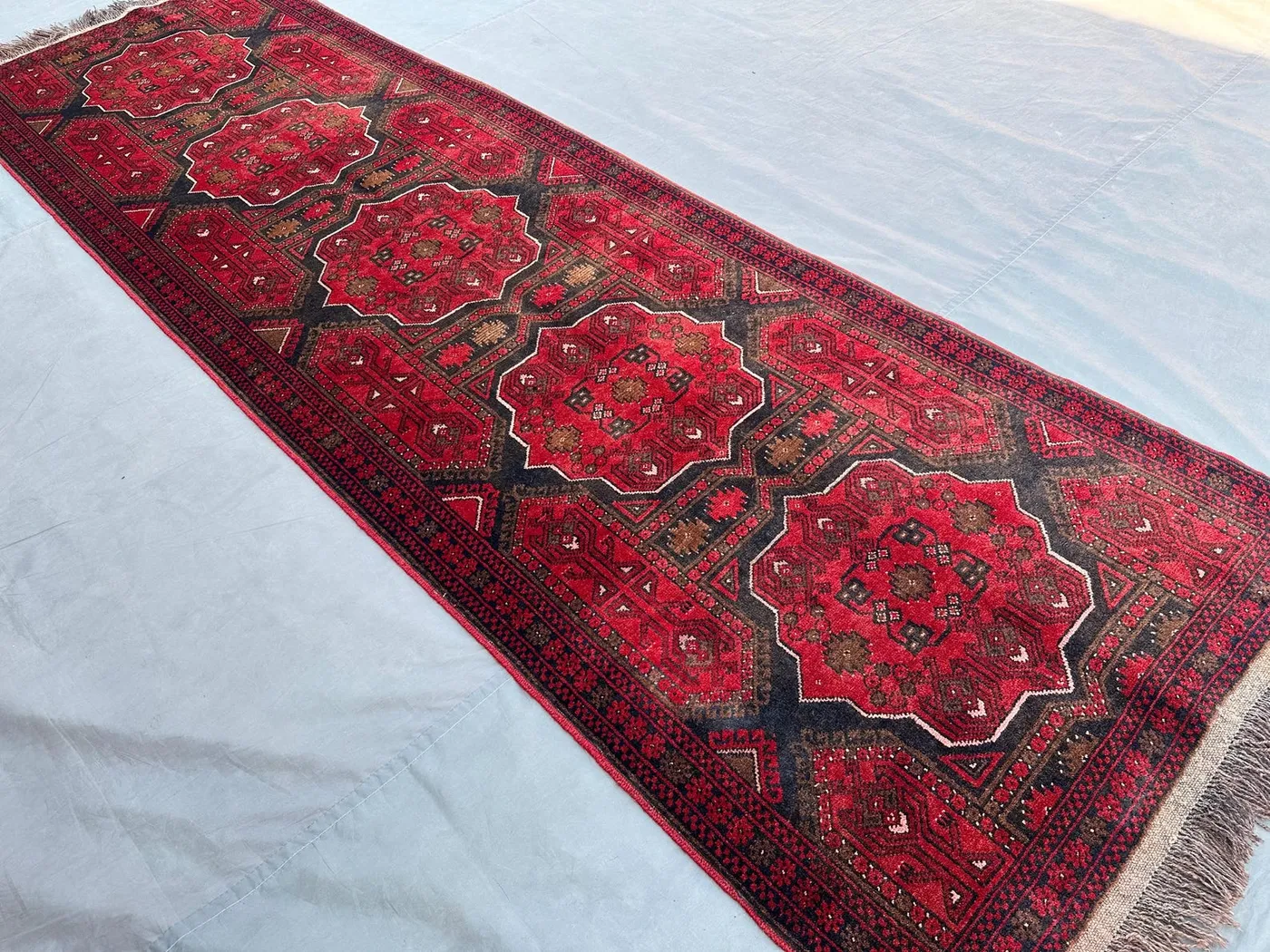 3x10 Vintage Afghan Turkmen Runner Rug, Hand-Knotted Wool Carpet | Tribal Geometric Hallway Rug | Red & Black Entryway Rug | Handmade Rug