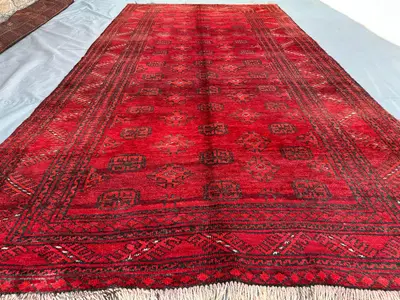 4'10x9'5 ft Antique Afghan Baluch Rug | Hand Knotted Wool Wide Tribal Carpet | Red Brown Geometric Pattern Nom