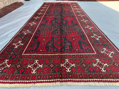 4x10 Antique Afghan Baluch Runner Rug | Hand Knotted Wool Wide Runner | Dark Navy Red Qalam Dani Design Tribal