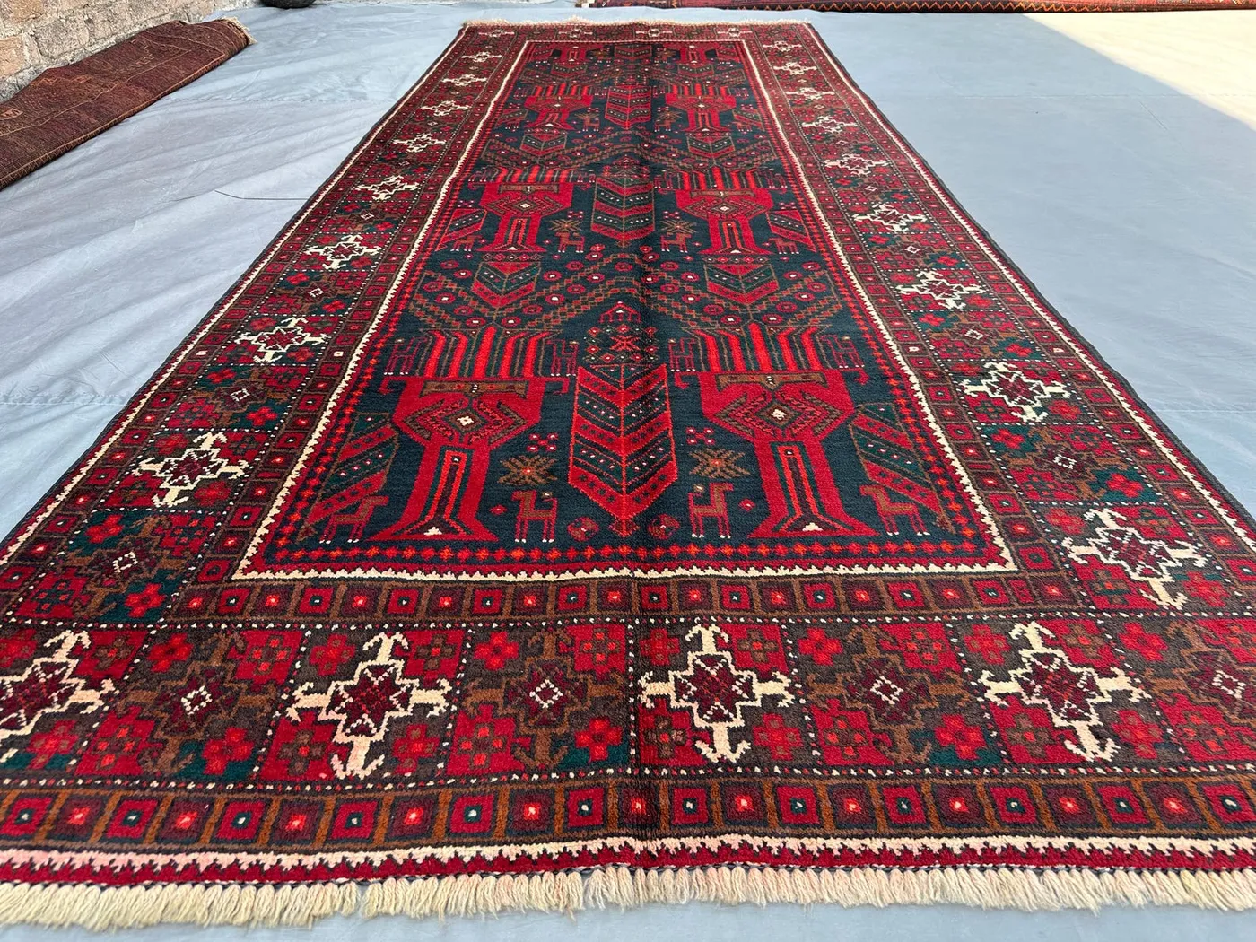 4x10 Antique Afghan Baluch Runner Rug | Hand Knotted Wool Wide Runner | Dark Navy Red Qalam Dani Design Tribal Hallway Carpet rustic decor
