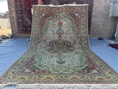 6'7 x 10'4 Vintage Afghan Rug | Persian-Style Pictorial Vase & Garden Design | Hand Knotted Wool
