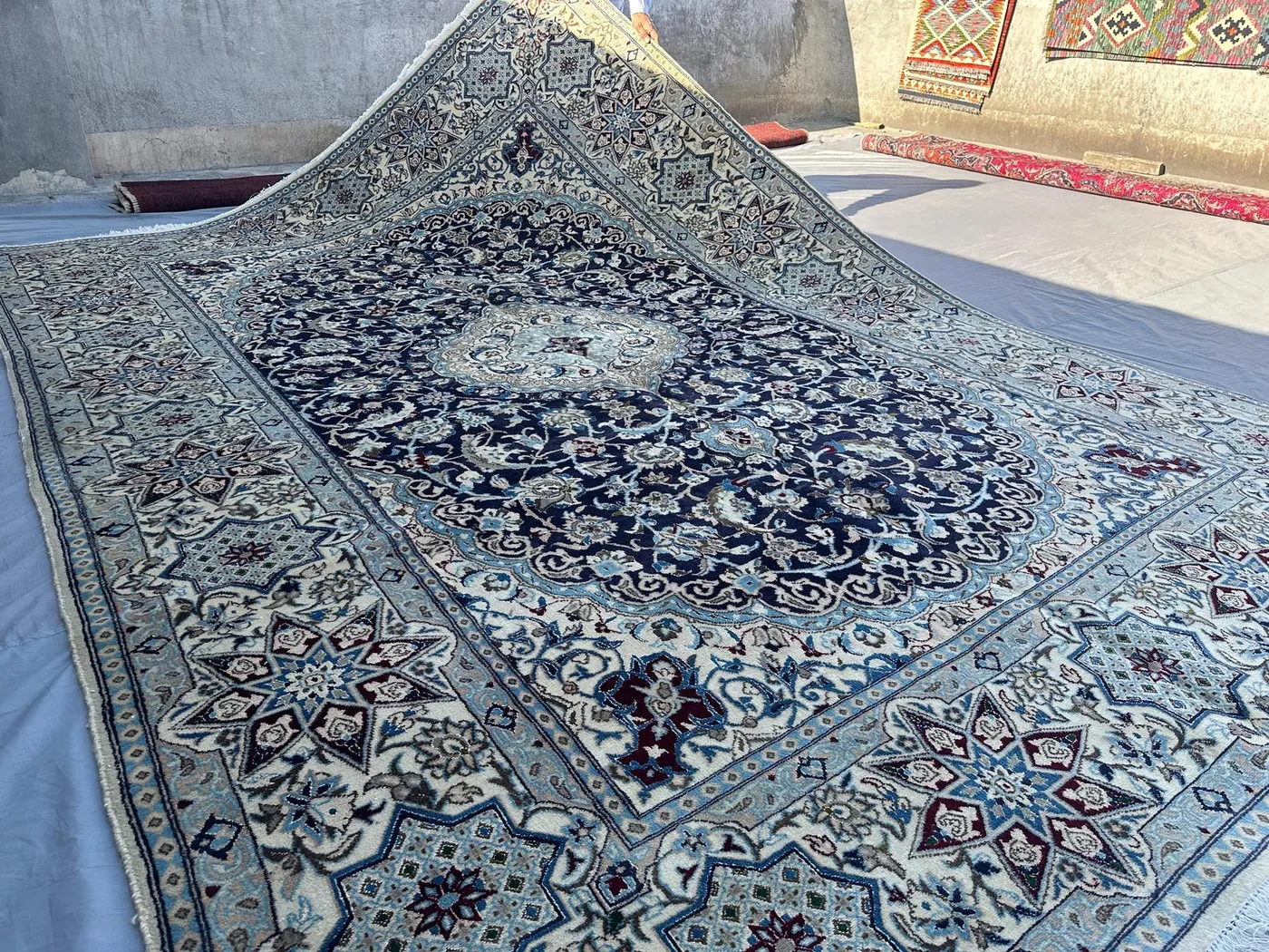 8x11 Persian-Style Nain Design Rug | Vintage Hand Knotted Wool | Navy Ivory Light Blue Medallion Arabesque Carpet
