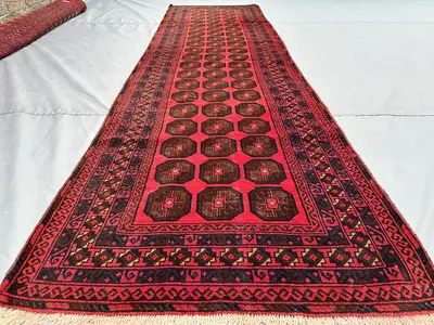 Antique Afghan Baluchi Runner, 3x10 Red Wool Tribal Rug | Hand Knotted Turkmen Hallway Carpet | Vintage Long W