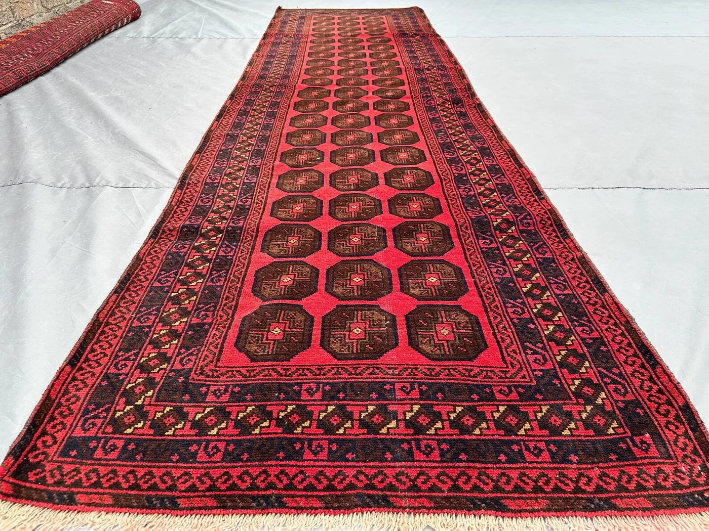 Antique Afghan Baluchi Runner, 3x10 Red Wool Tribal Rug | Hand Knotted Turkmen Hallway Carpet | Vintage Long Wool Rug, Oriental Corridor Rug