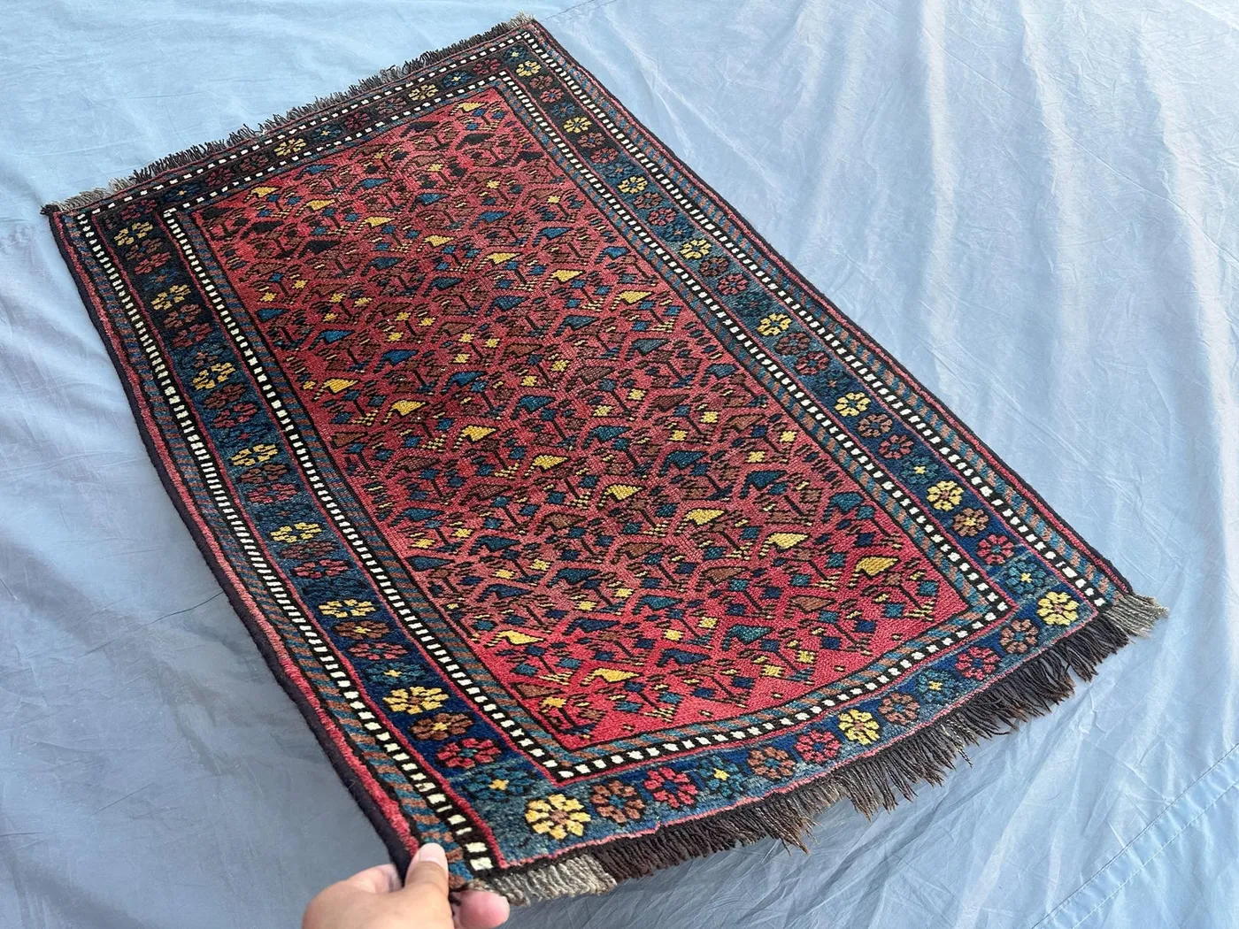 Antique Turkish Wool Rug, Geometric Hand Knotted Carpet | Vintage Caucasian Style Rug | Tribal Low Pile Accent | Small Oriental Area Decor